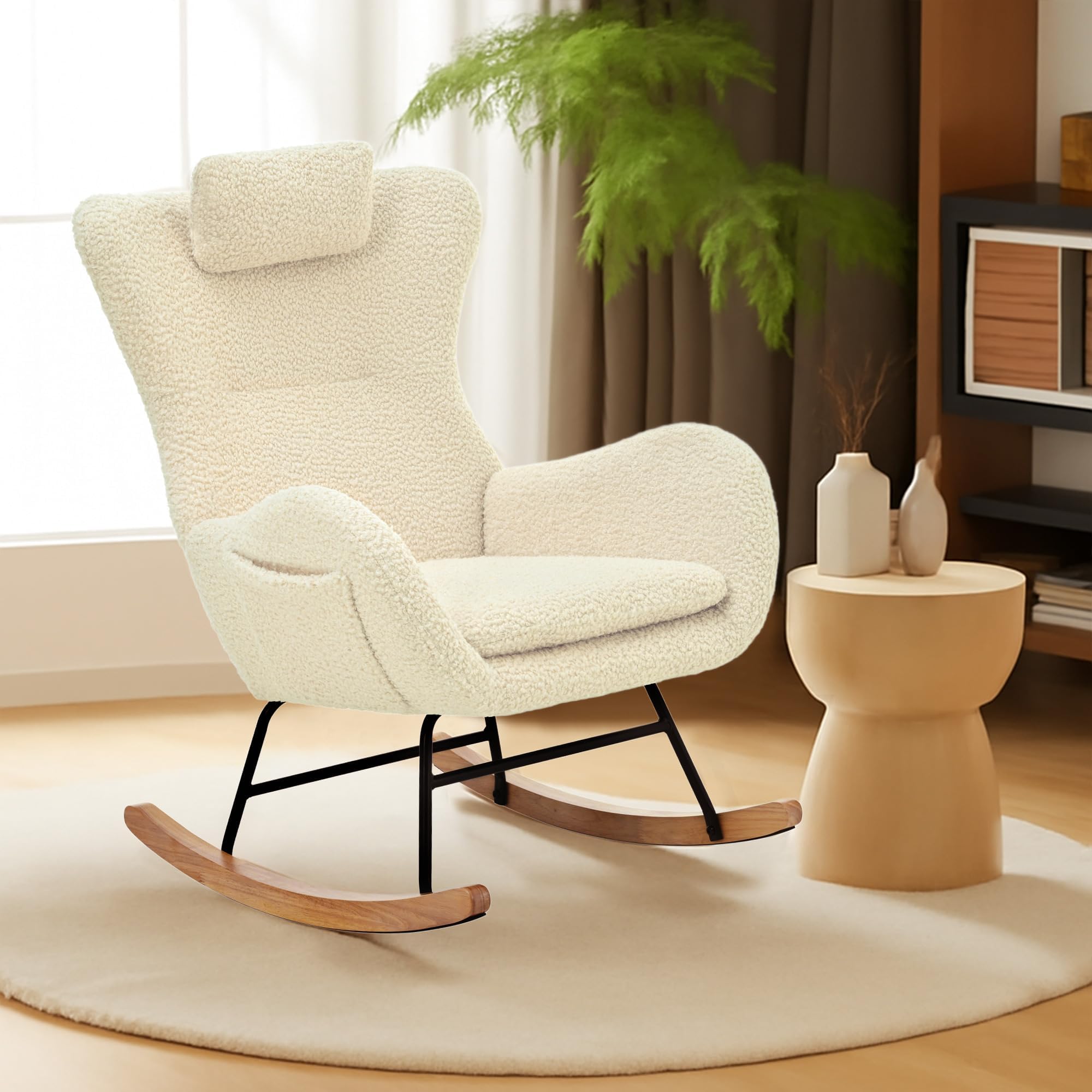 Rocking Chair Nursery, Teddy Upholstered Rocker Glider Chair with High Backrest