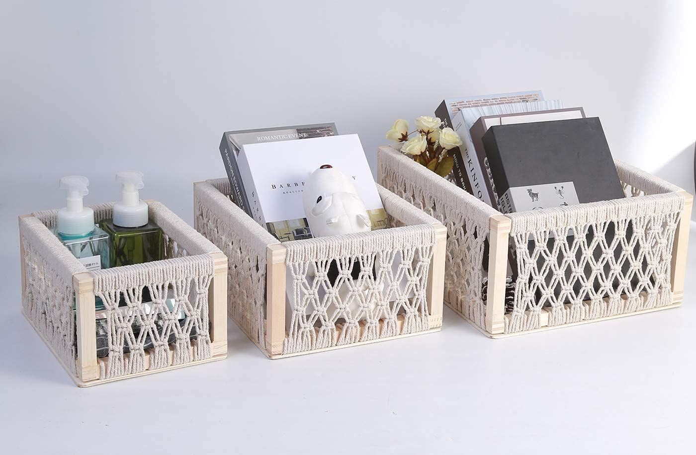 Macrame Baskets for Storage Set of 3, White Decorative Storage Bin for Living Room