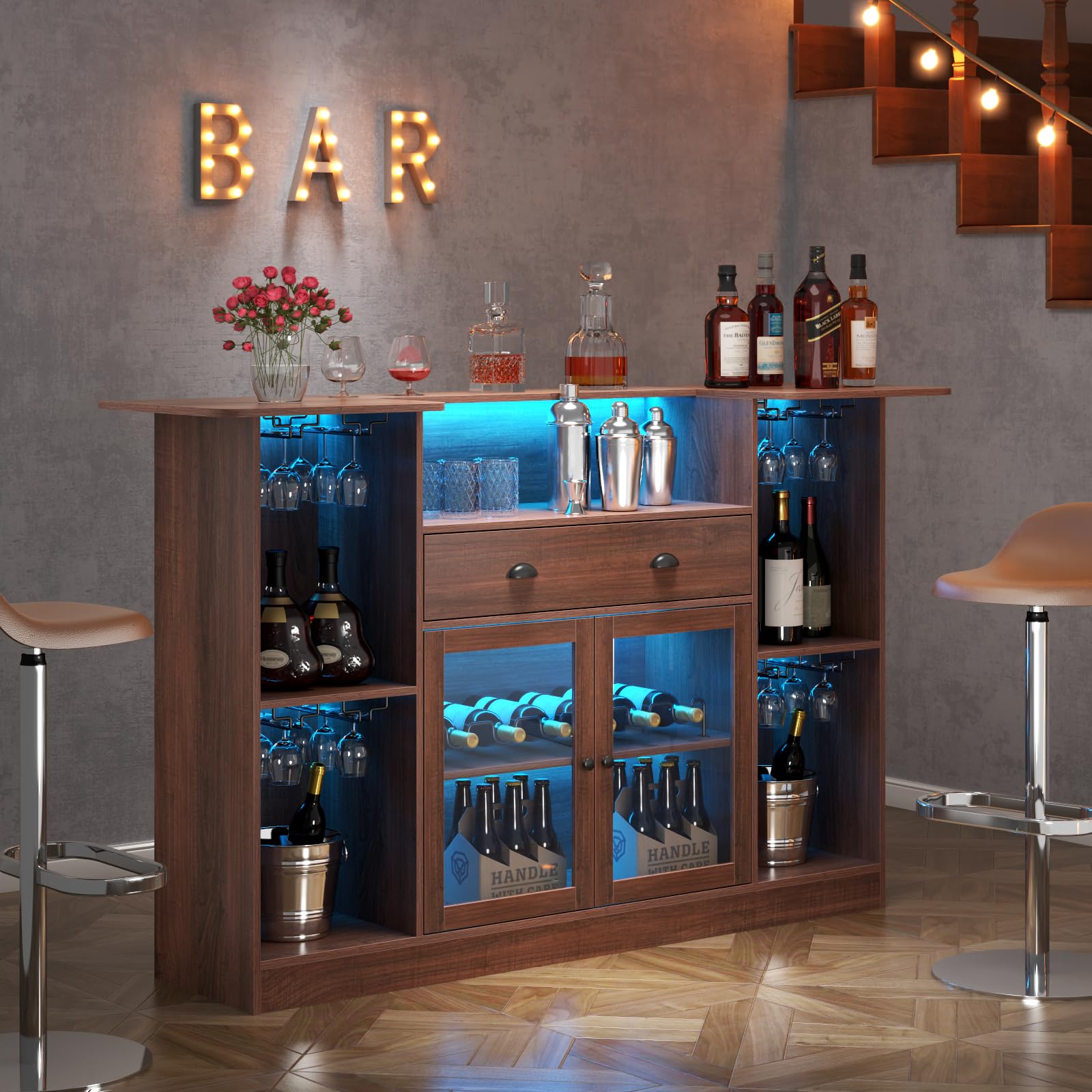 Loomie Bar Table Cabinet with LED & Drawer,Mini Liquor Bar with 8-Tier Storage&Stemware Holder,Wine Alcohol Bar Stand with Glass Door & Adjustable Wine Rack,Crescent Shaped Counter for Home Pub,Walnut