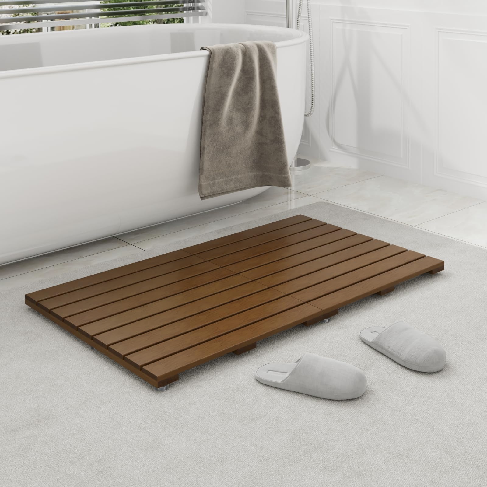 Foldable Teak Wood Bath Mat, 31.5" x 18.1" Shower Mat with Non-Slip