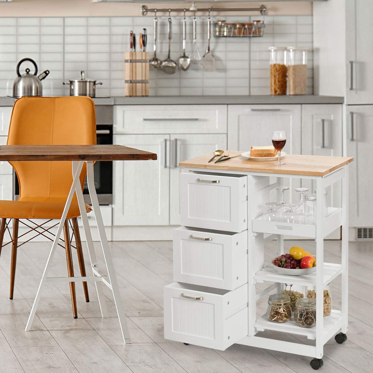 Kitchen Island Cart, Home Bar Serving Cart, Kitchen Trolley with 3 Large Drawers