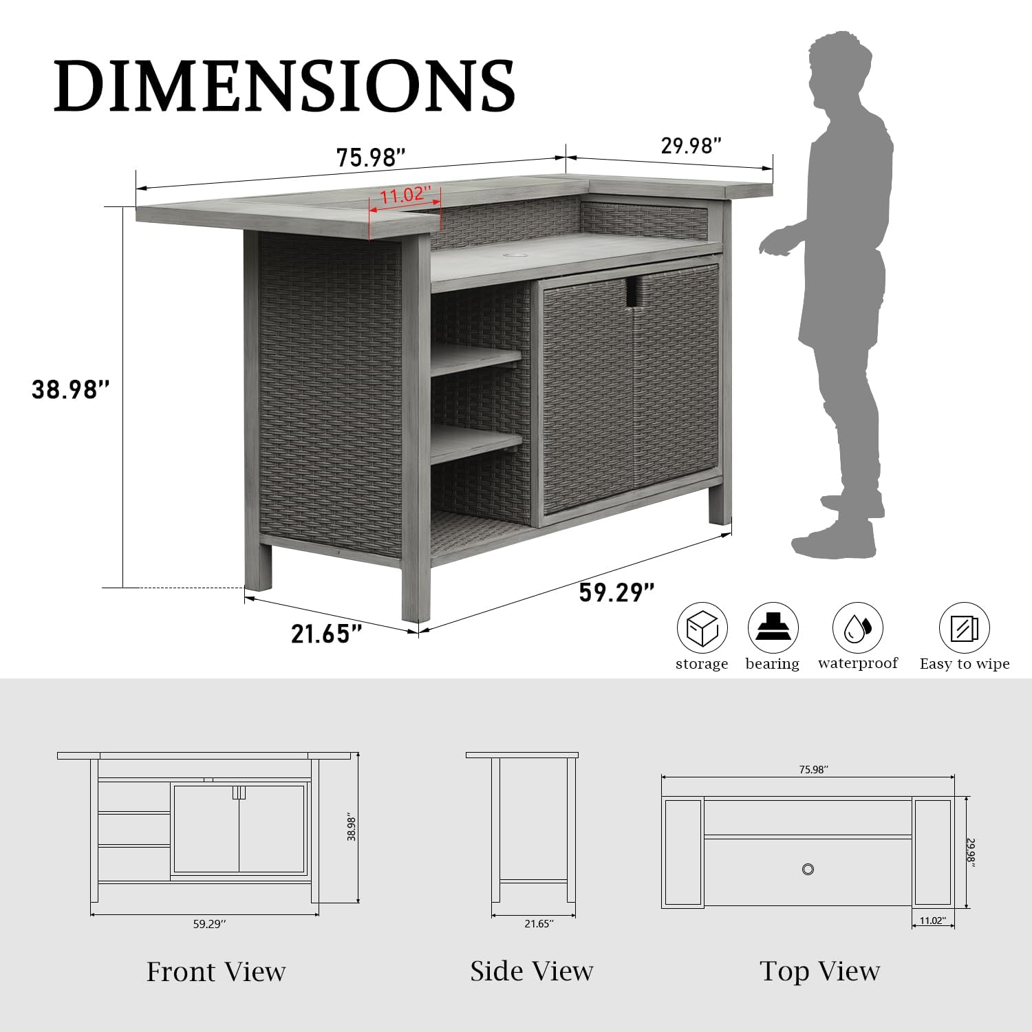 Domi Outdoor Home Bar Unit, All-Weather Wicker & Aluminum Frame Farmhouse Bar Furniture with Storage, Waterproof Rattan Buffet Table with Shelves and Cabinet, Easy-to-Clean for Patio Kitchen