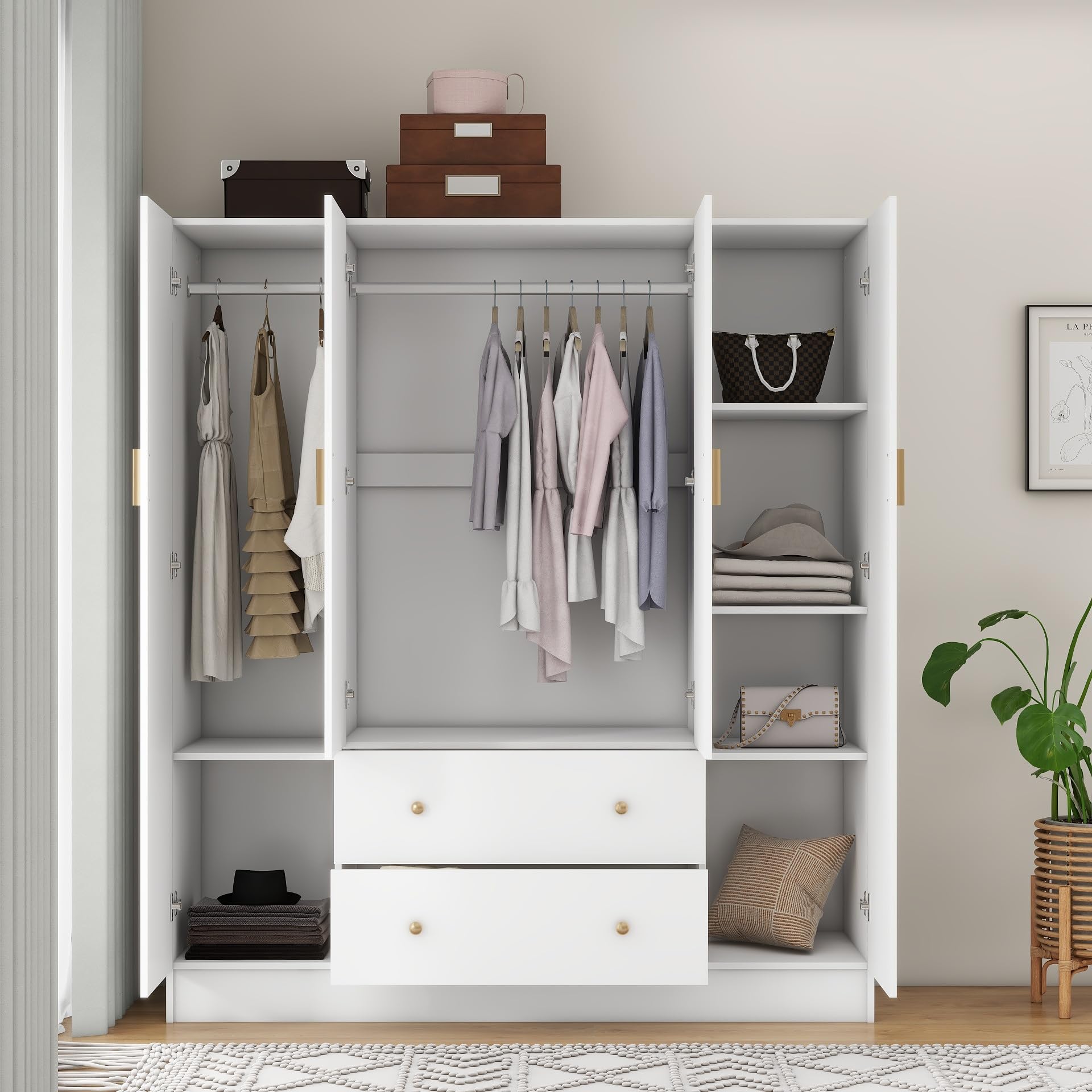 Bedroom Armoires Wardrobe Closet with 4 Doors 2 Drawers and Mirror