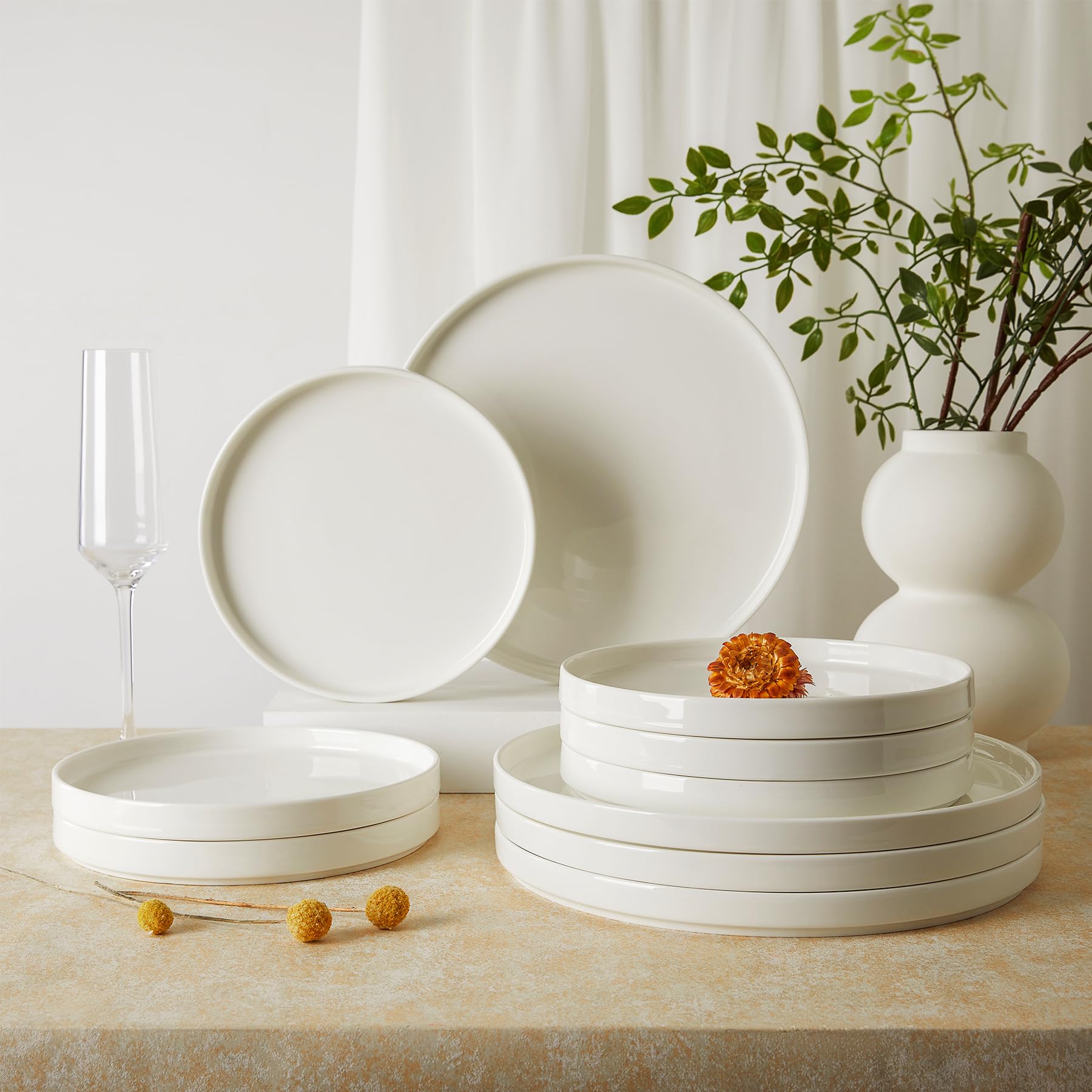 Porcelain Flat Dinner Plates Set of 6, 10.5 Inch High Edge Dish Set
