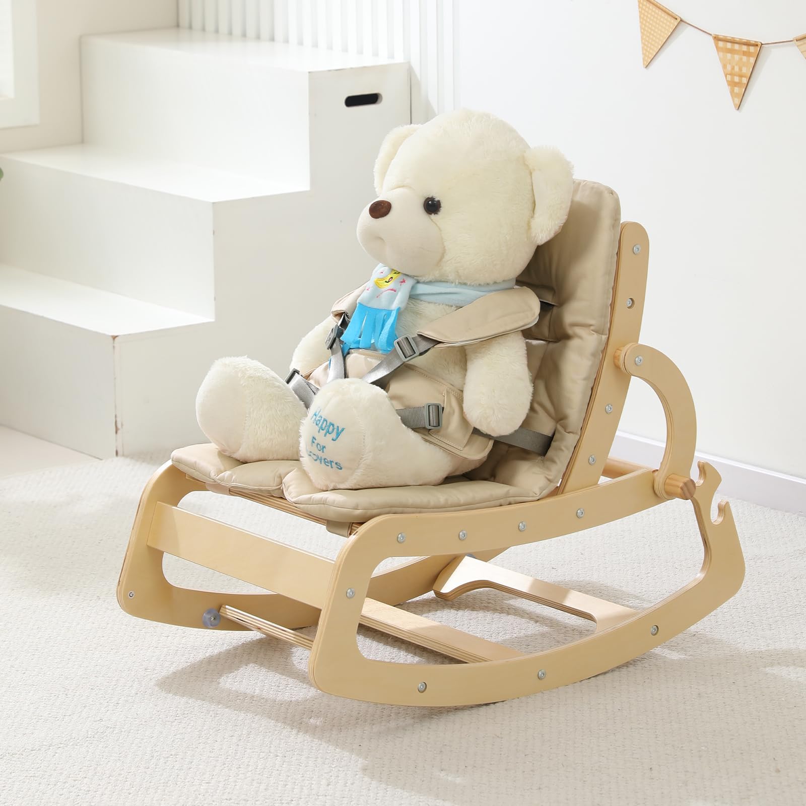 3-in-1 Baby Bouncer Adjustable Wooden Rocker Chair, Ergonomic Design Baby Lounger