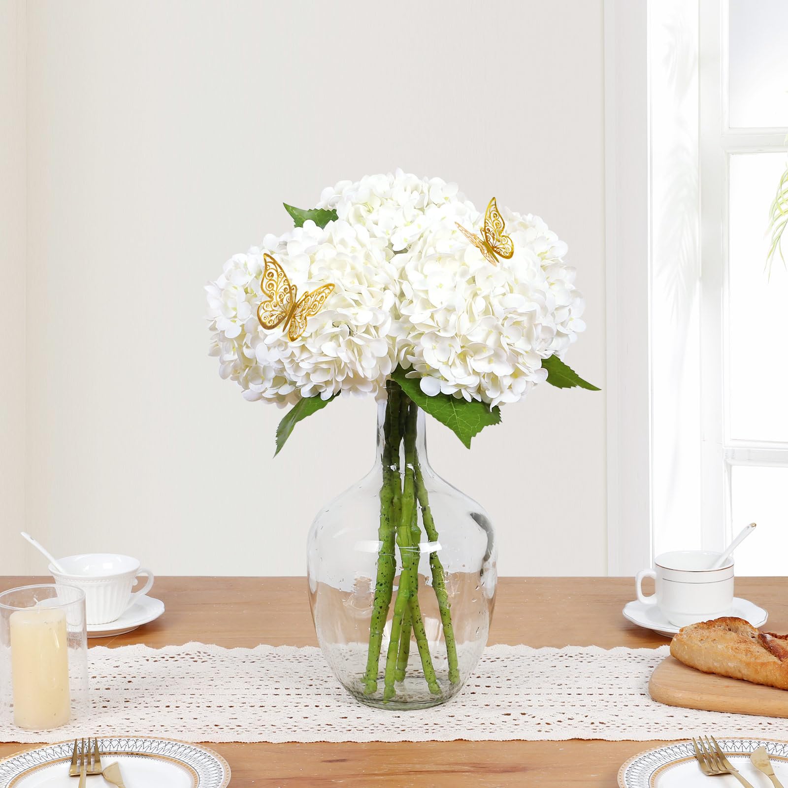 White Hydrangea Artificial Flowers for Outdoors, 3PCS Faux Hydrangea Flowers Real Touch
