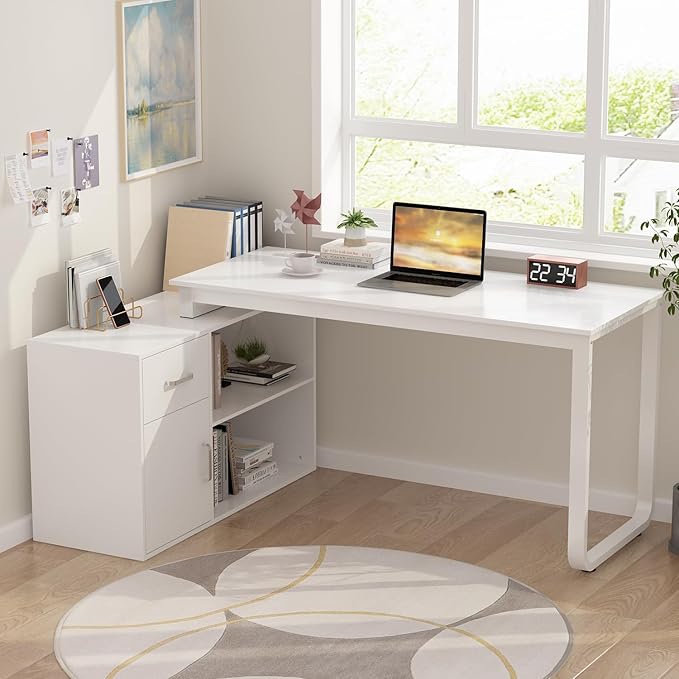 Home Office Computer Desk Corner Desk with 2 Drawers and 2 Open Cubes