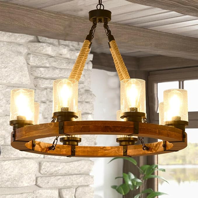 12 Light Wagon Wheel Chandelier, Round Wood Pendant Light
