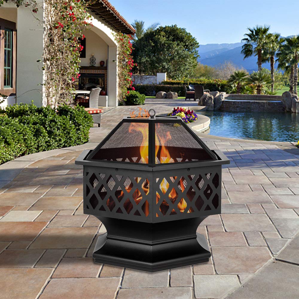 Pits 27in Hexagonal Metal Fire Bowl Outdoor Firepit Backyard Patio Wood