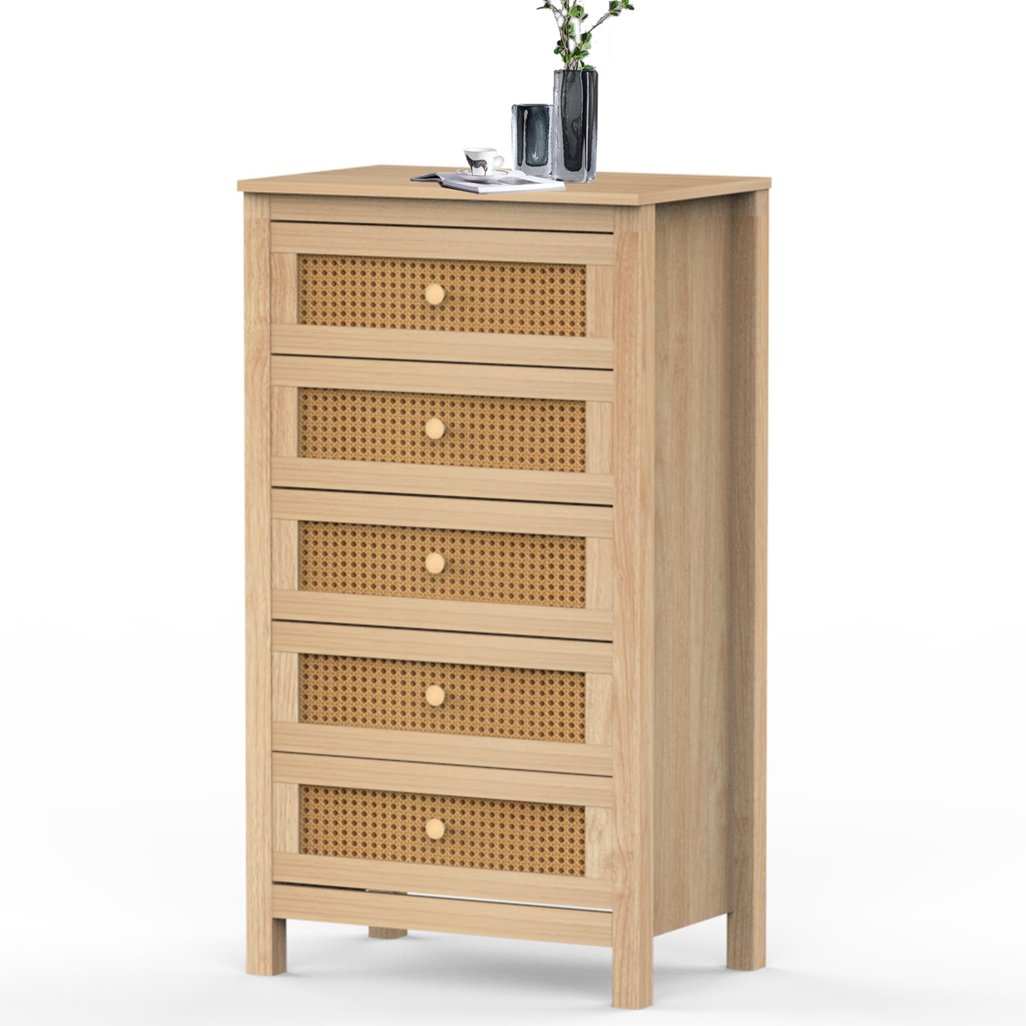 Rattan Dresser for Bedroom, Boho 5 Drawer Dresser with Rattan Drawers