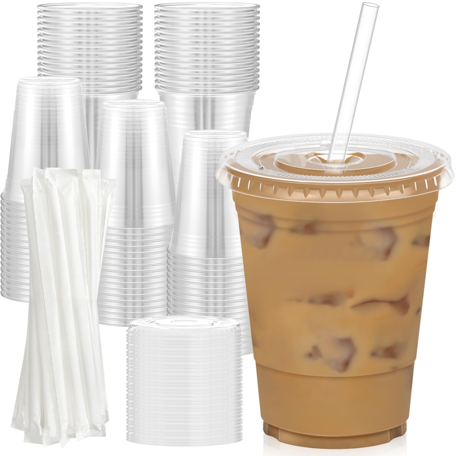 100 Pack - 16 oz Clear Plastic Cups with Lids and Straws