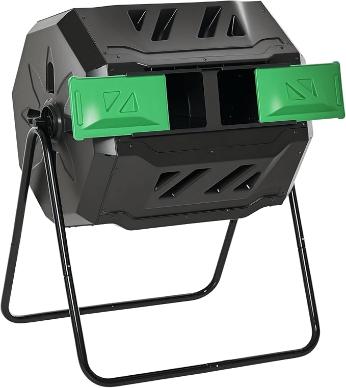 Tumbling Compost Bin Outdoor 360° Dual Chamber Rotating Composter 43 Gallon