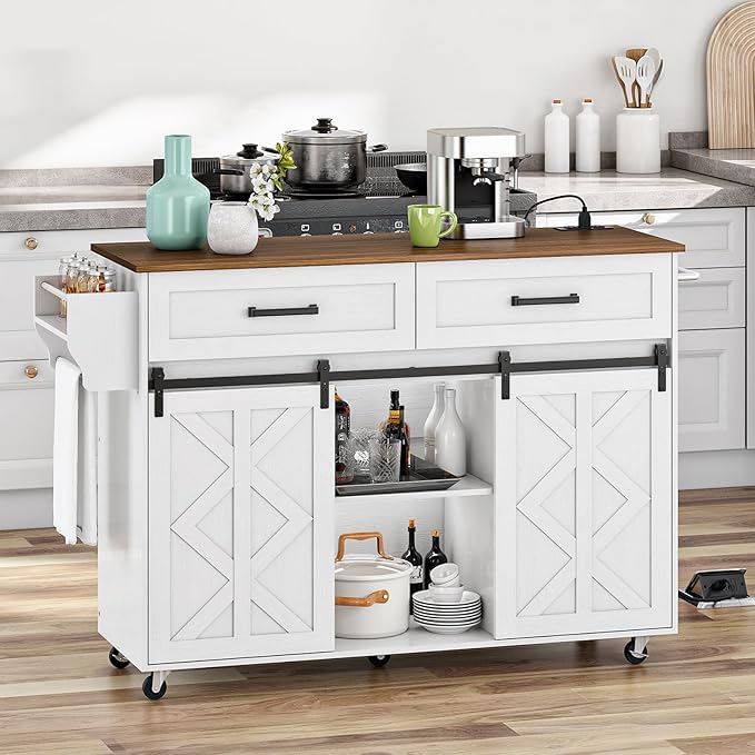 Kitchen Island with Storage, Power Outlet, Rolling Kitchen Island Cart on Wheels