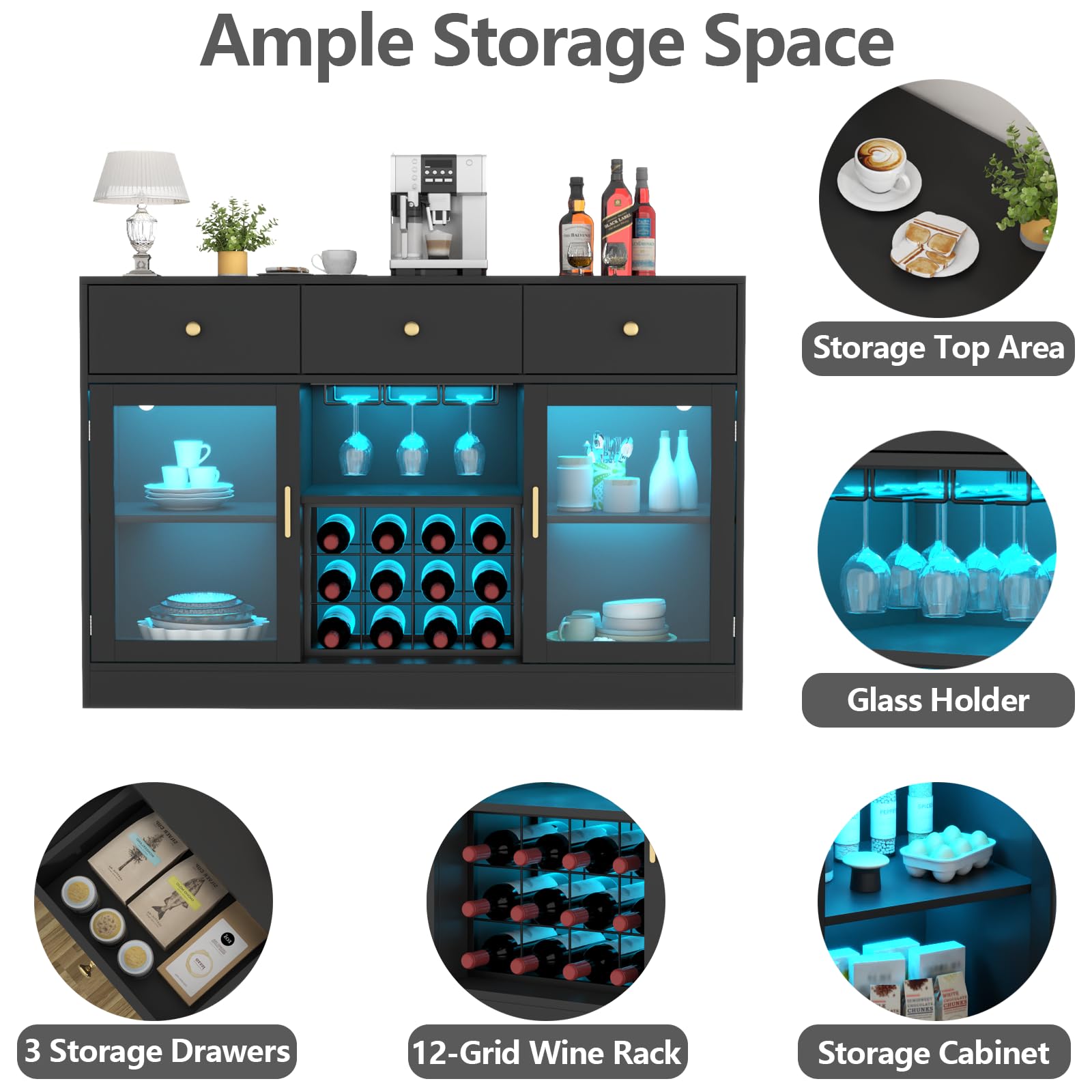 Auromie Wine Bar Cabinet with LED Light, Home Coffee Cabinet with Wine and Glass Rack, Kitchen Buffet Sideboard with Storage Cabinet&Drawers, Modern Liquor Cabinet for Living Room Dining Room (Black.)