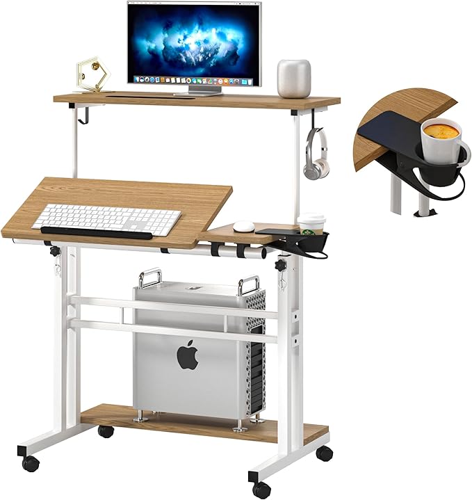 Adjustable Rolling Computer Desk with 3 Desktops, Portable Laptop Table