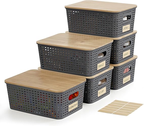 Small Plastic Storage Bins with Bamboo Lids 5.2qt Stackable Box Basket Pantry Decorative