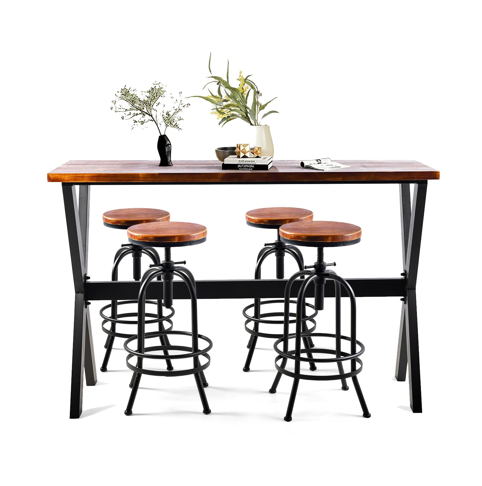 Bar Table, 47.24"L×41.33"H Bar Height Pub Table High Top Rectangular Sofa Console Table Kitchen Dining Coffee Table, for Narrow Space, Living Room, Indoor, Rustic Brown Wood, Industrial Black Metal