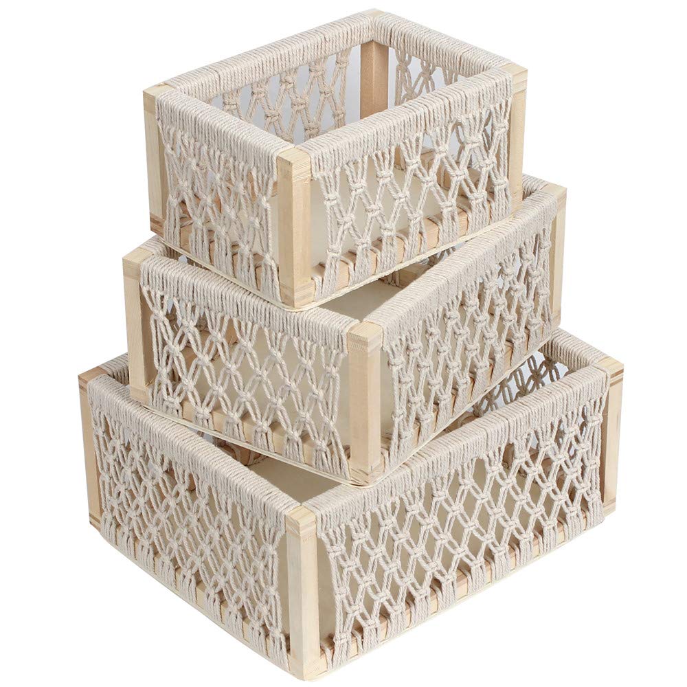 Macrame Baskets for Storage Set of 3, White Decorative Storage Bin for Living Room