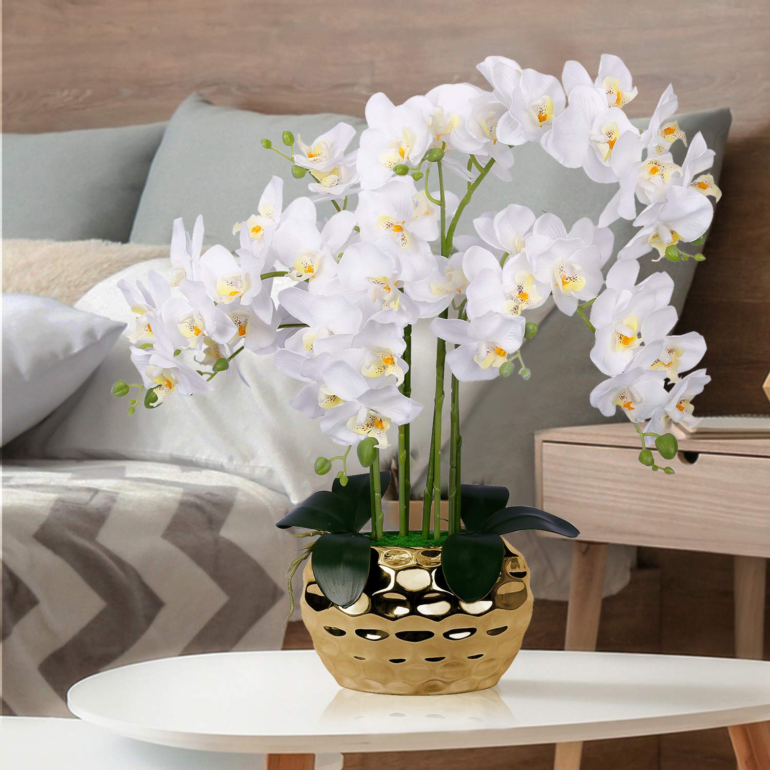 Artificial Orchid in Gold Vase White Silk Faux Orchid Plant in Gold Pot Fake Flower