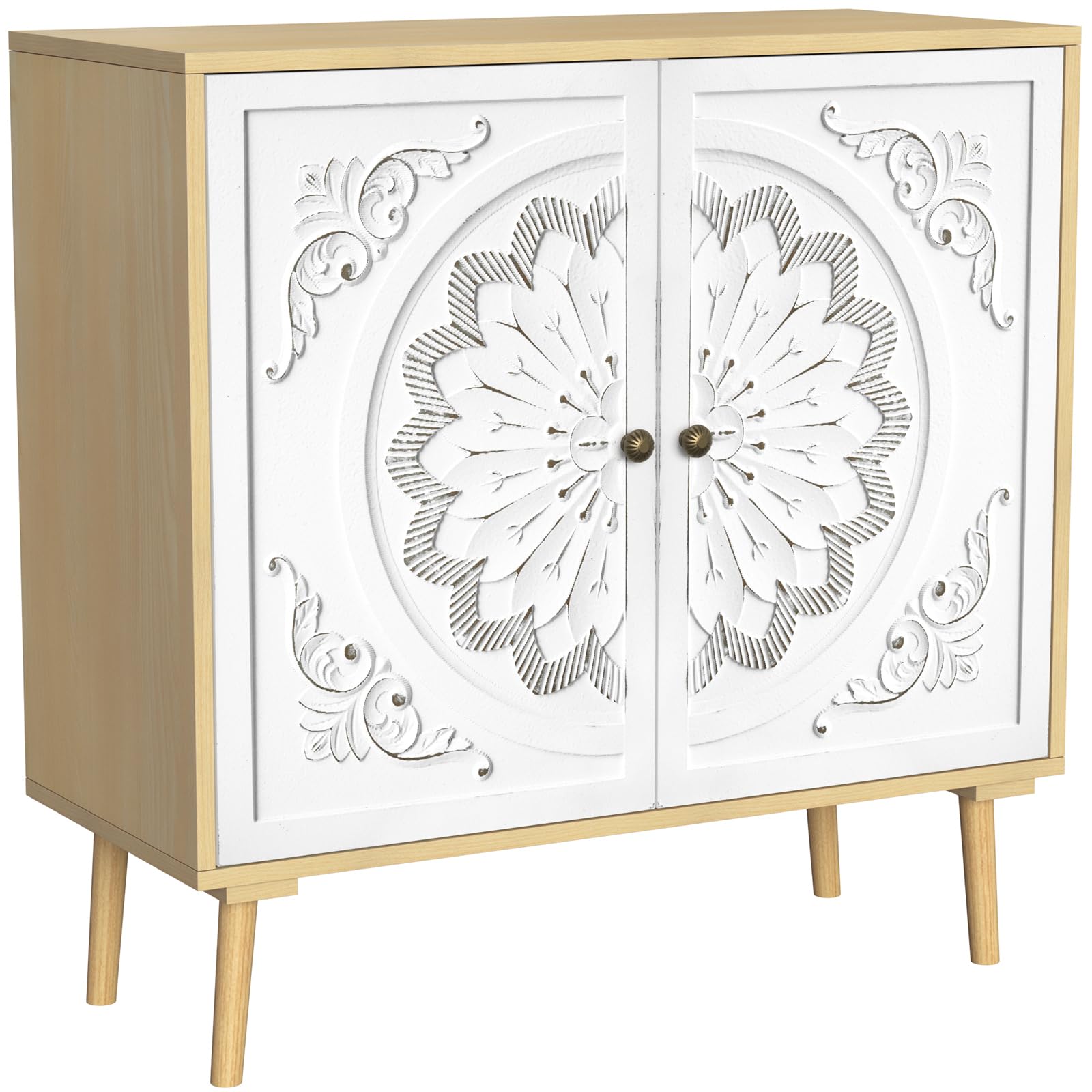Carved Accent Cabinet with Doors, Kitchen Buffet Cabinet Flower Patten