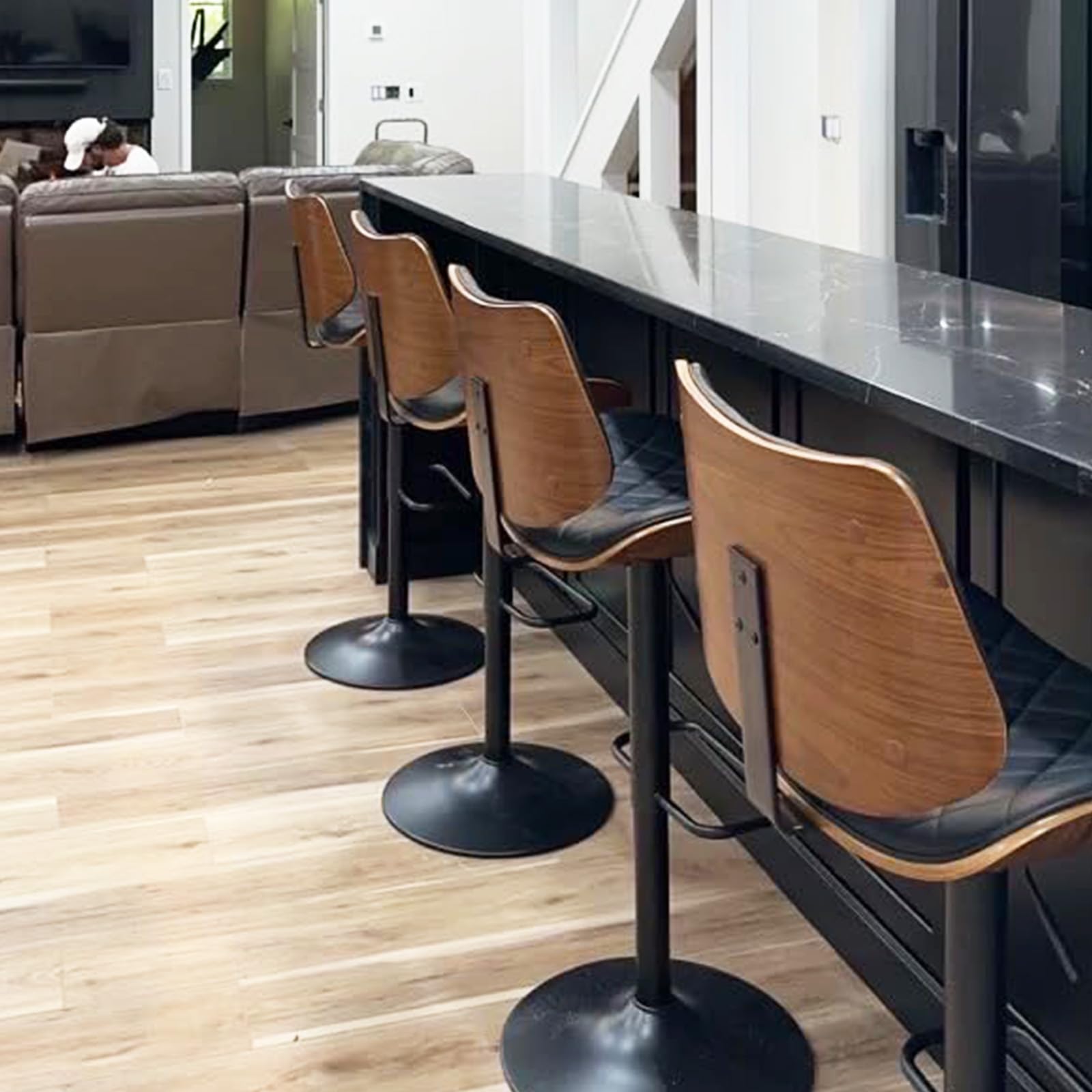 Bar Stools Set of 2 Mid Century Modern Adjustable Counter Height Black Leather