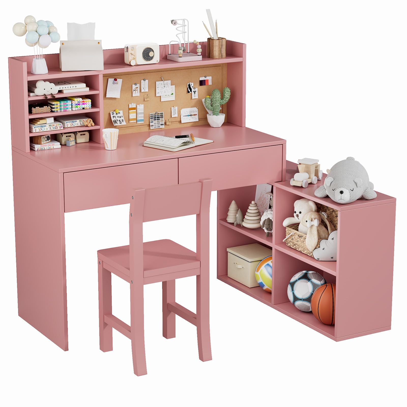 Desk and Chair Set, Kids Study Table and Chair Set with 2 Draws & 4 Cabinets