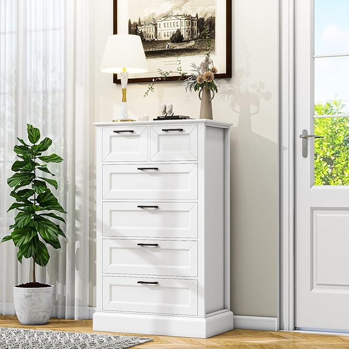 Tall White 6 Drawer Dresser, Wood Vertical Chest of Drawers for Bedroom, 55"