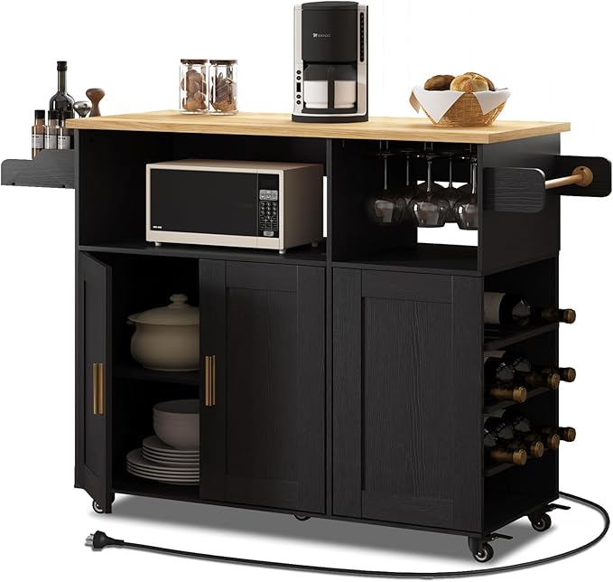 Kitchen Island with Drop Leaf and Storage, on Wheels Two Drawers