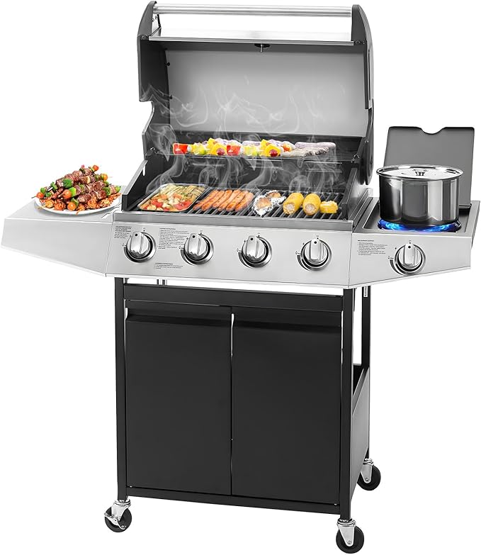 4-Burner Propane Gas BBQ Grill with Side Burner & Porcelain-Enameled Cast Iron Grates