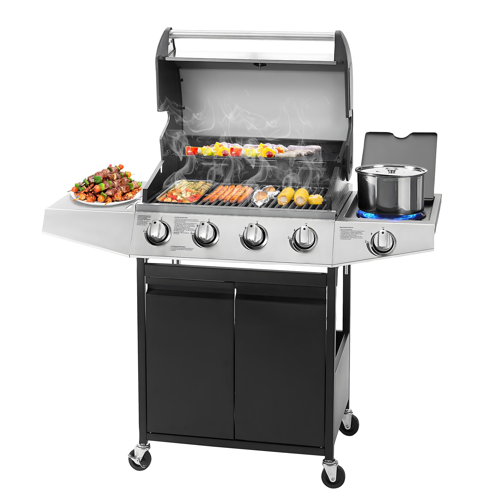 4-Burner Propane Gas BBQ Grill with Side Burner & Porcelain-Enameled Cast Iron Grates