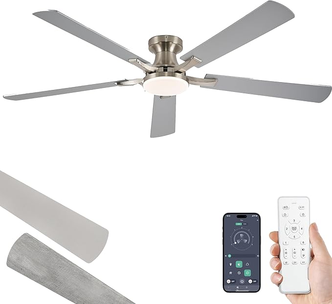 52 Inch Ceiling Fan with Light, App&Remote Control, Flush Mount Low Profile, Dimmable