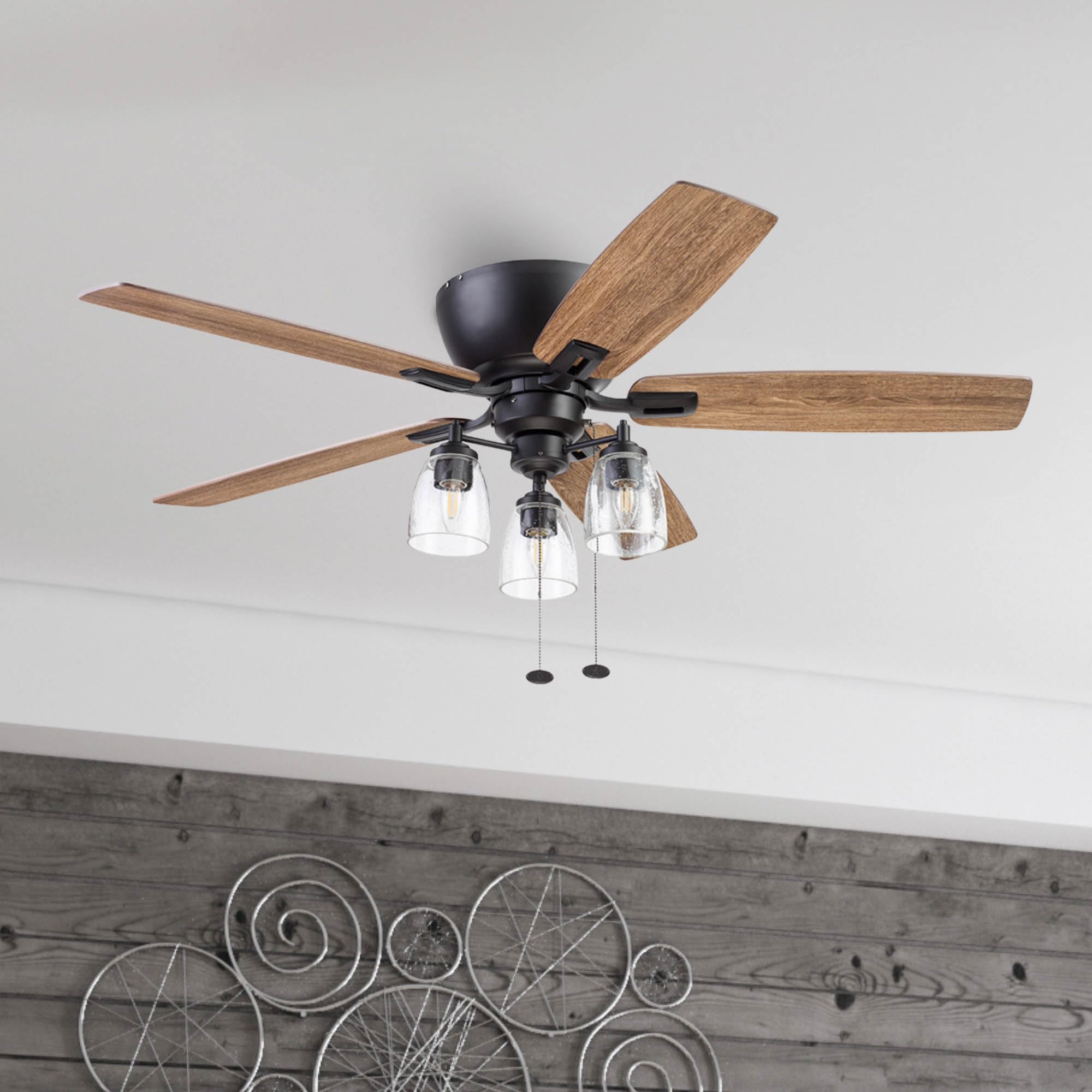 Arthur, 52 inch Industrial Farmhouse Flush Mount LED Ceiling Fan with Light, Pull Chain