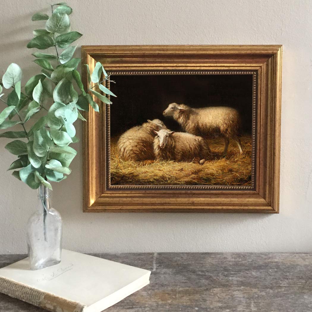Albert Smets Sheep in the Hay 8 x 10” Oil Painting Print on Canvas Rustic Frame Home Wall