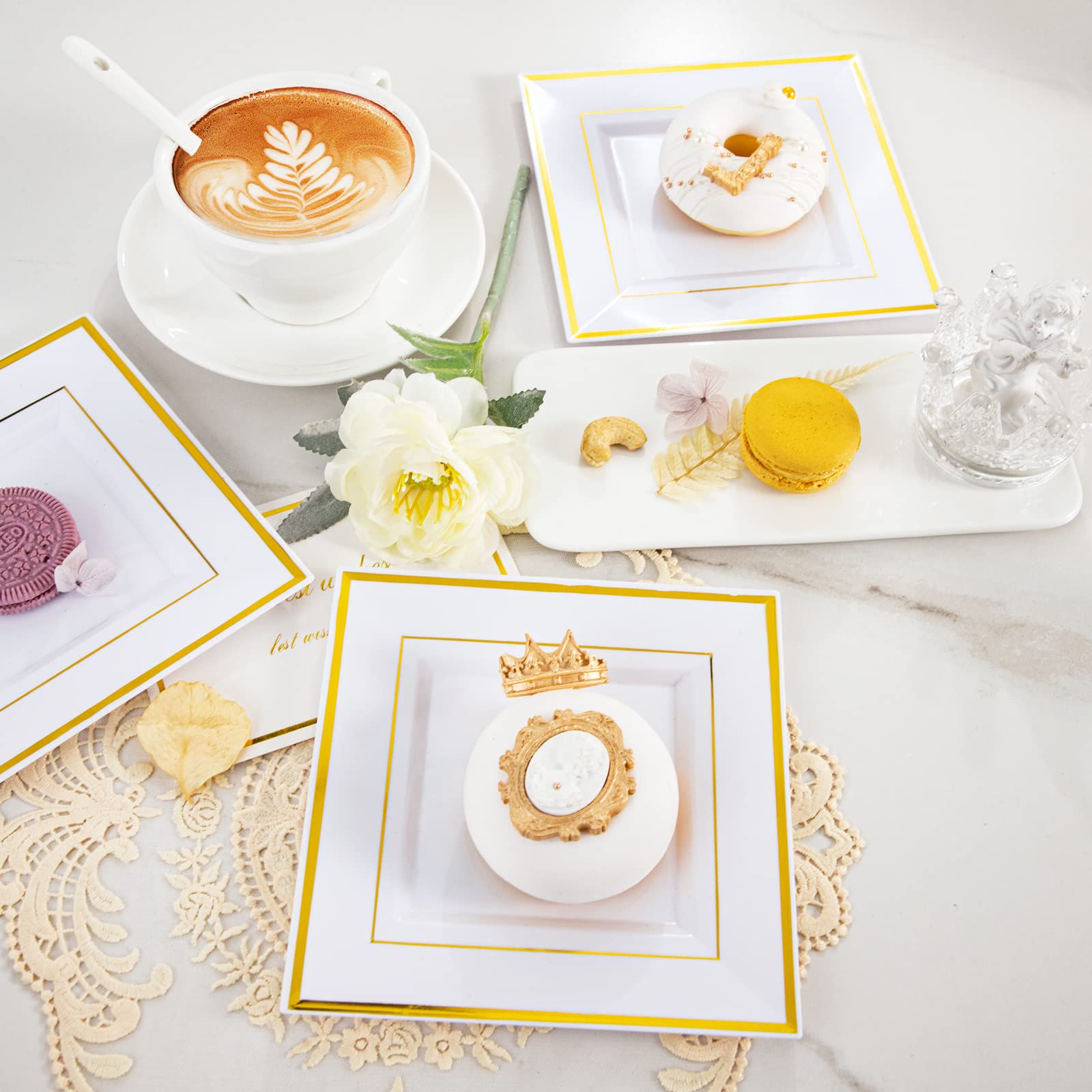 100PCS Gold Square Plastic Plates - 6inch Disposable Dessert/Cake Plates