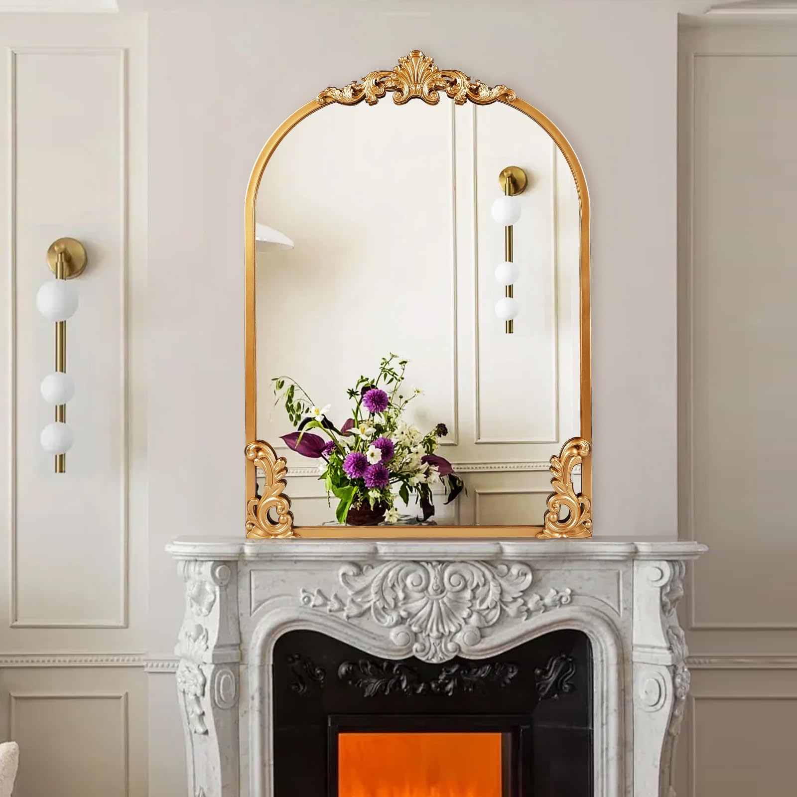 Gold Arched Mirror 20 x 27 Inch, Ornate Baroque Style Brass Vintage Mirrors for Wall