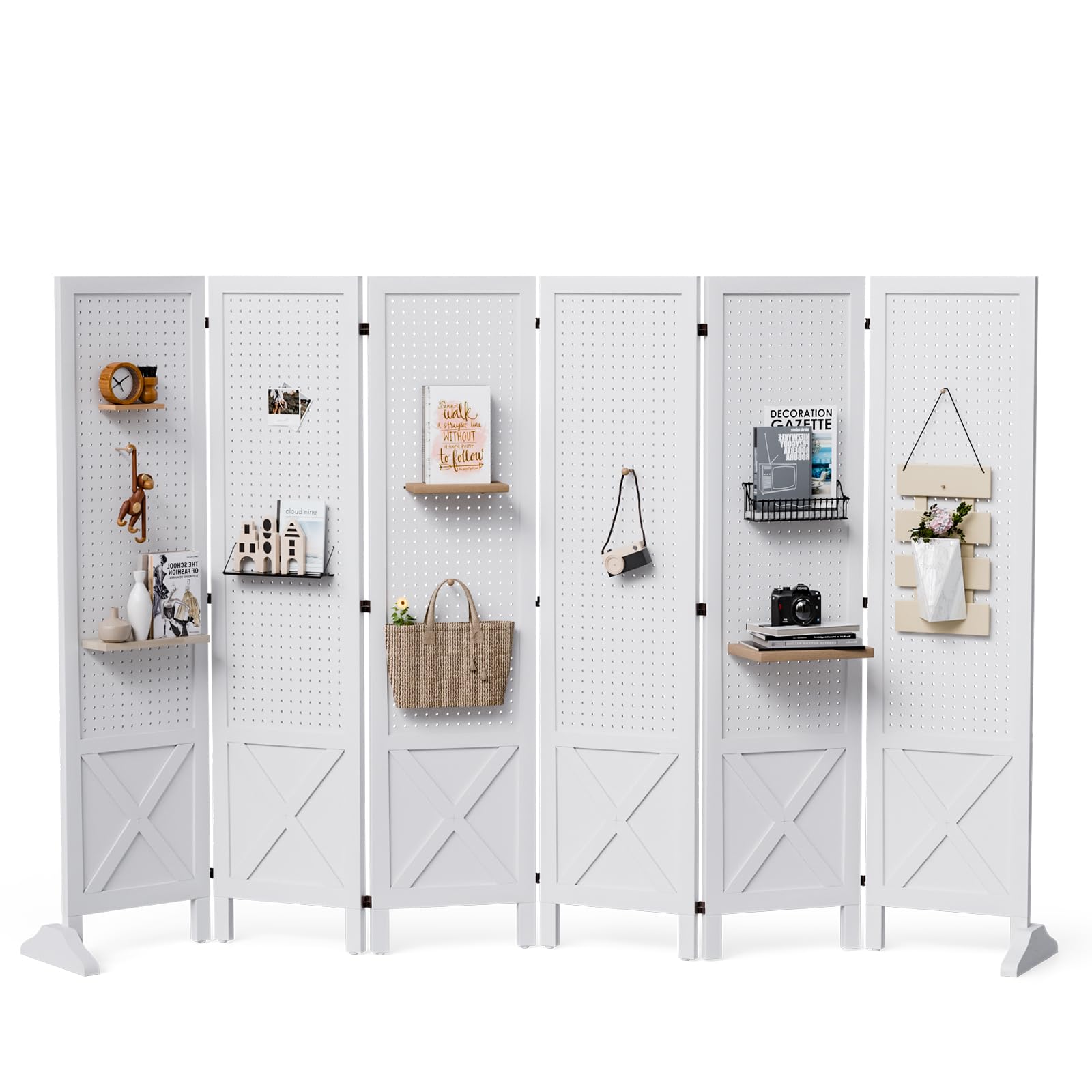 VINGLI Freestanding Pegboard with Support Feet, 5 FT Wood Room Divider Display Board Organizer, Folding Privacy Screen Partition Space Separator for Craft Shows Events Retail (White, 6 Panel)