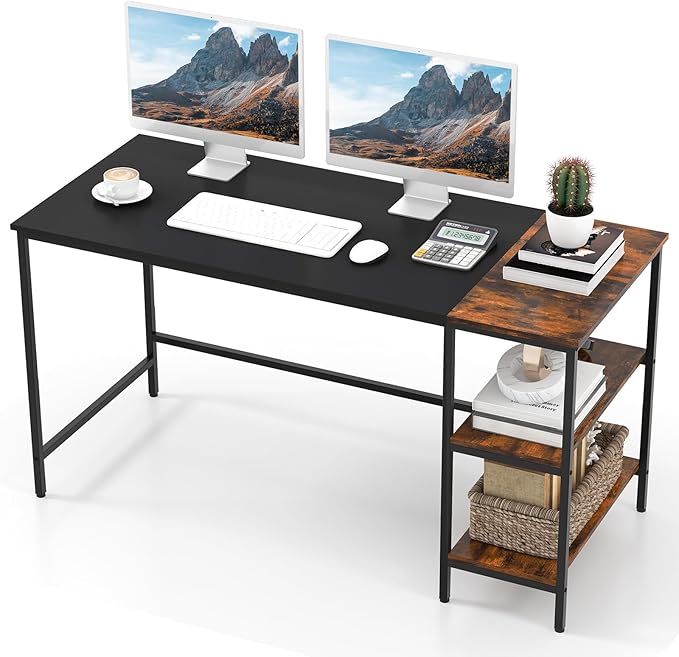55’’ Computer Desk, Large Writing Desk with Open Shelves & Steel Frame