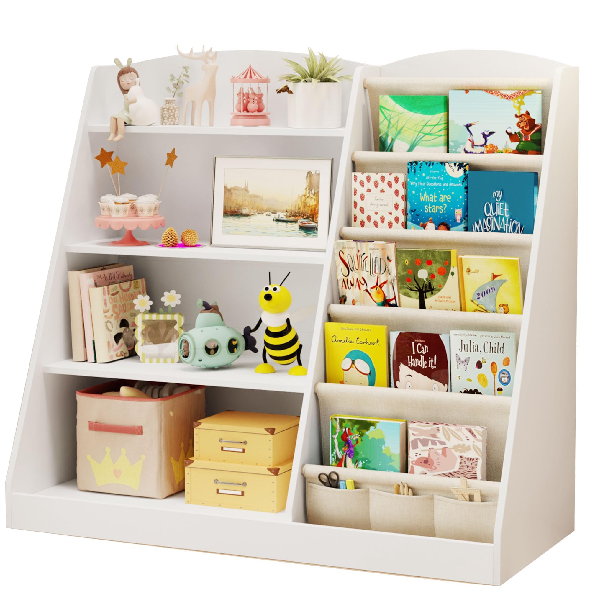 montessori bookshelf Storage Organizer 4 Tier Wooden Kids Book Shelf with Sling Book