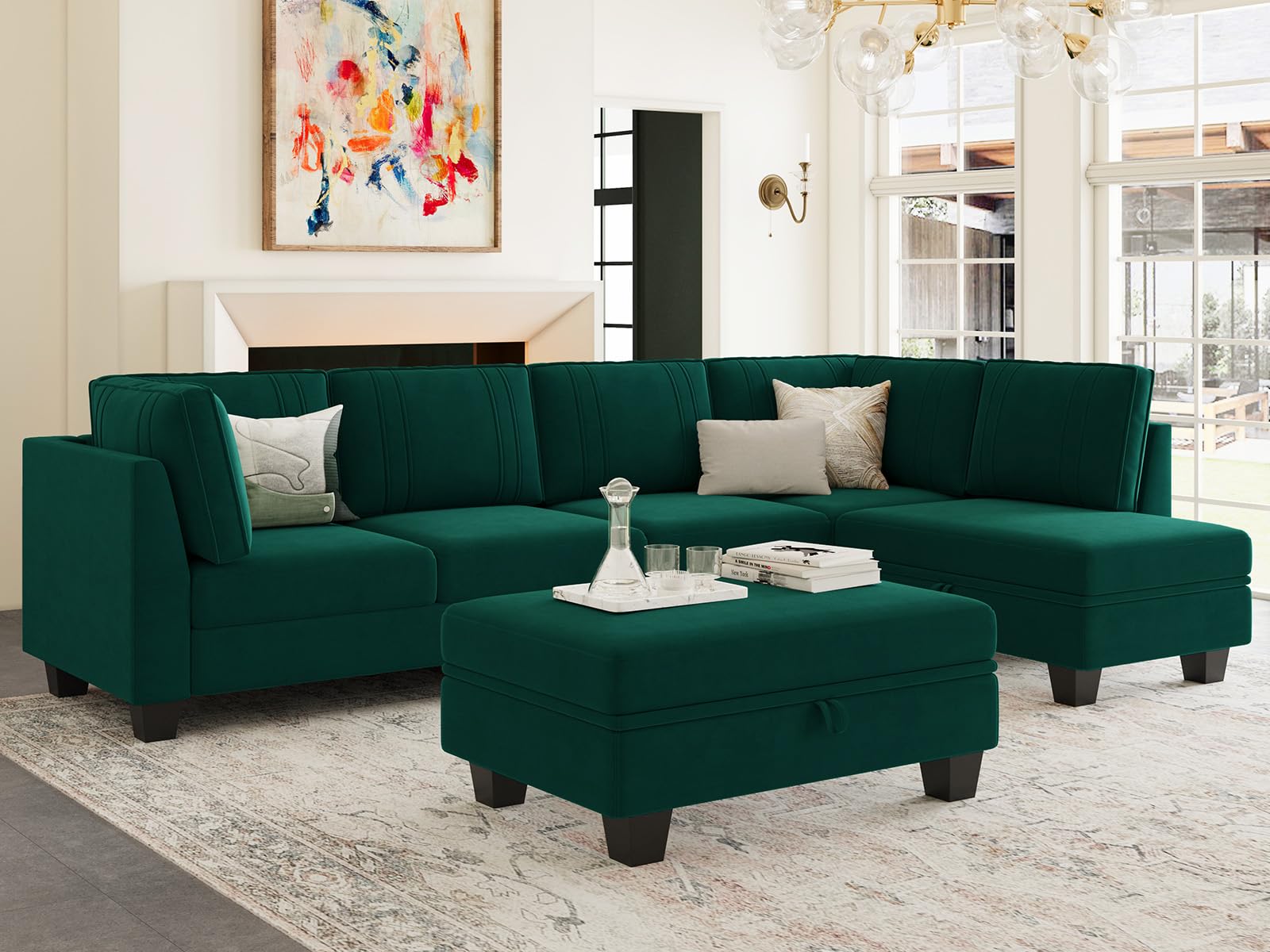 Velvet Sectional Sofa with Storage Ottoman L Shaped Couch Sofa Convertible