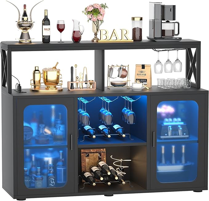 Bar Cabinet with Power Outlets, Liquor Cabinet with Led Lights and Glass Holder