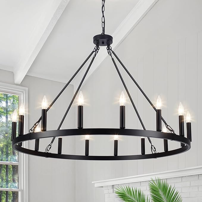 8-Light Wagon Wheel Chandelier, Black Farmhouse Chandelier for Dining Room