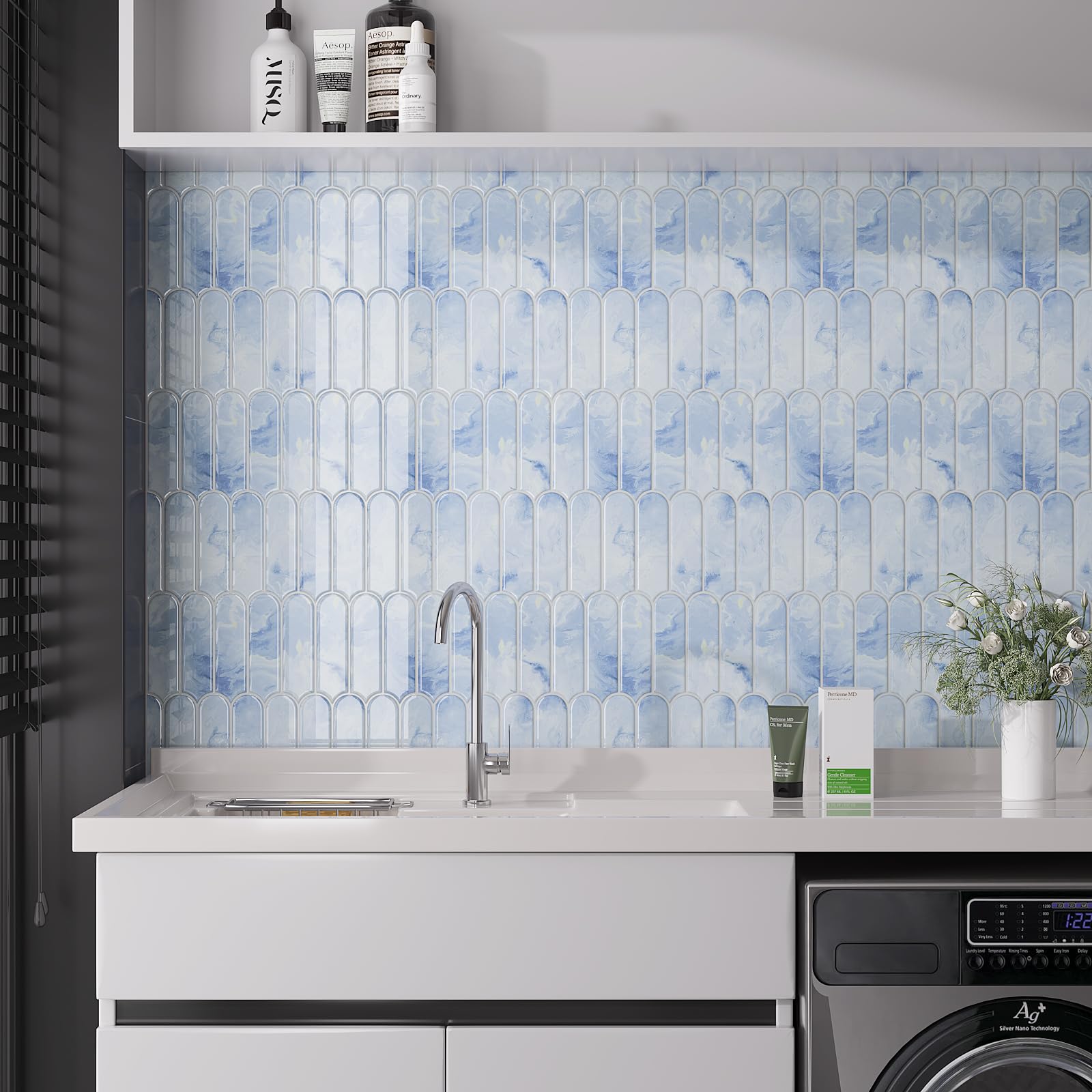 20 Sheets Cream Blue Backsplash Tile Peel and Stick Long Fish Scale Back Splash