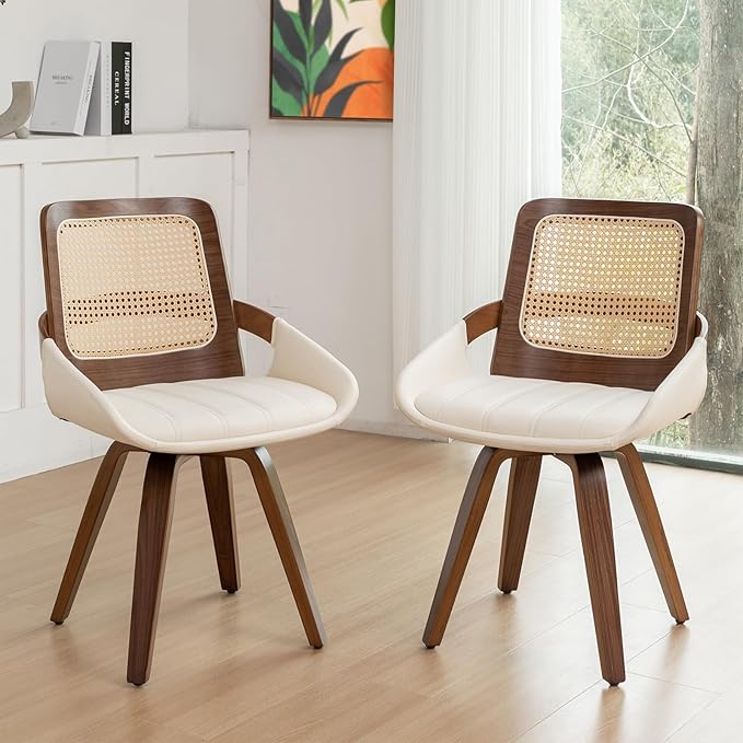 Set of 2 Green Rattan Dining Chairs - Mid Century Modern Dining Chairs