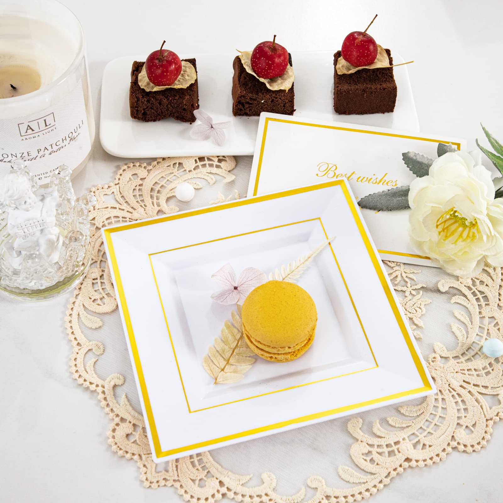 100PCS Gold Square Plastic Plates - 6inch Disposable Dessert/Cake Plates
