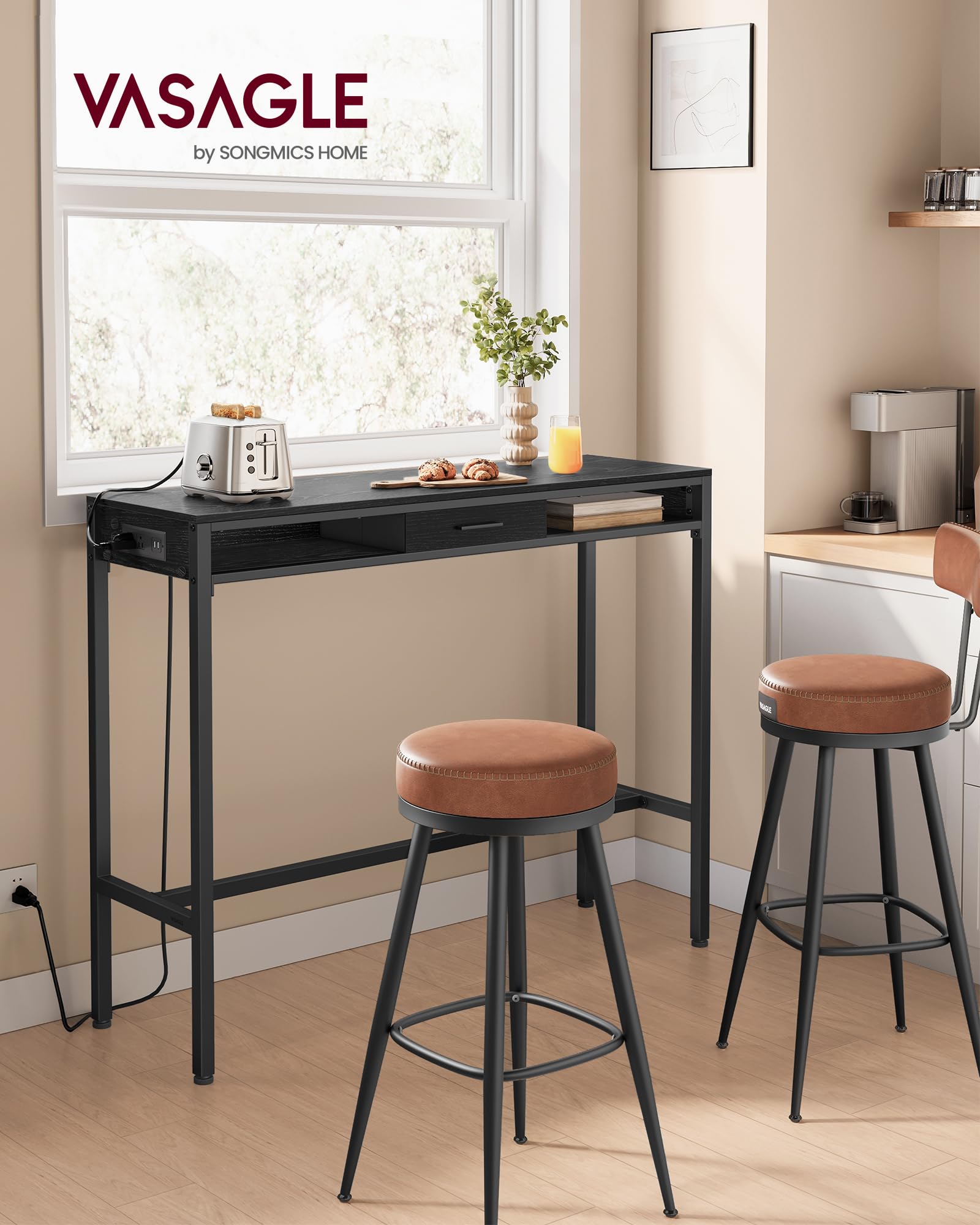 Bar Table with Power Outlet, 47.2 Inches Long Bar Height Pub Table