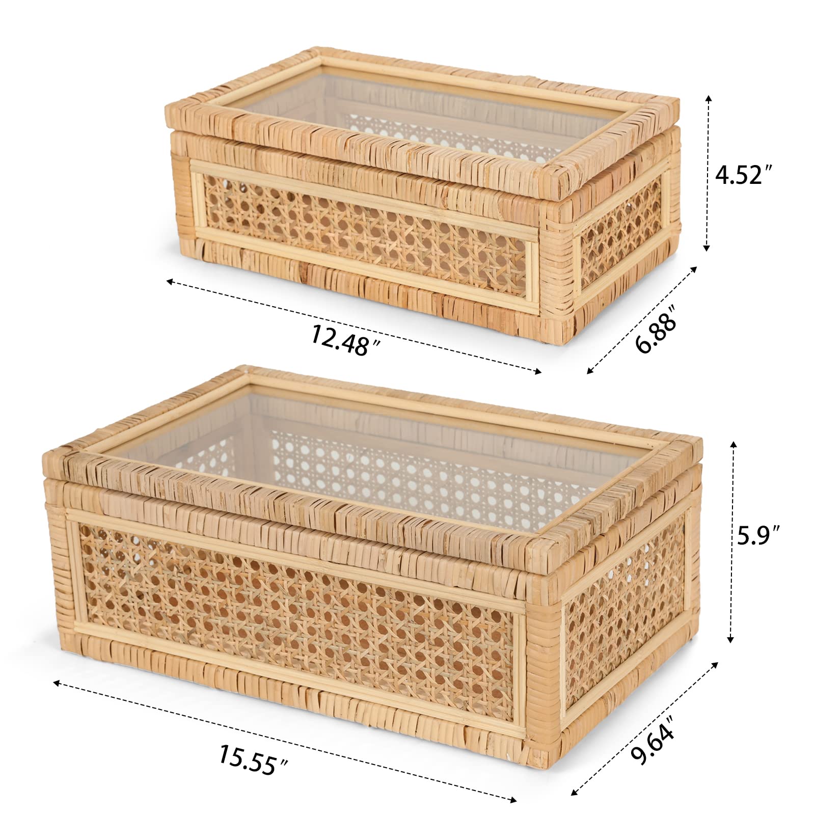 Handwoven Boho Rattan Display Boxes with Glass Lids - Set of 2 Rectangular Decorative Storage Bins - Natural Woven Cane Home Decor Organizers