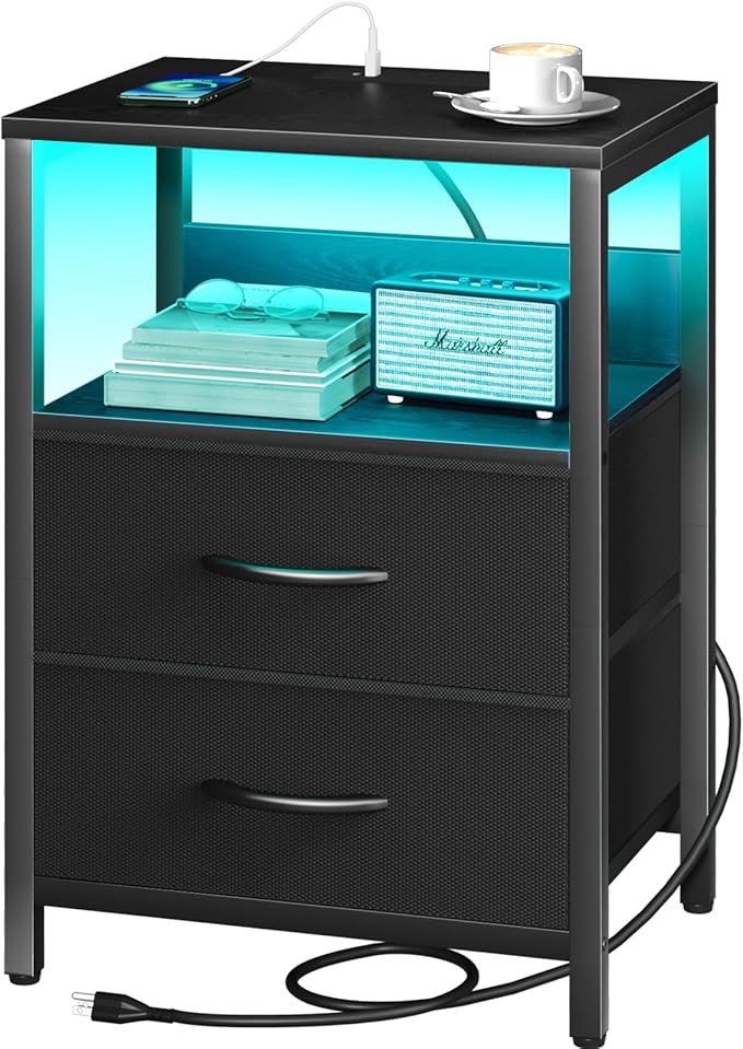 Nightstand with Charging Station, LED Night Stand with Fabric Drawers