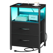 Nightstand with Charging Station, LED Night Stand with Fabric Drawers