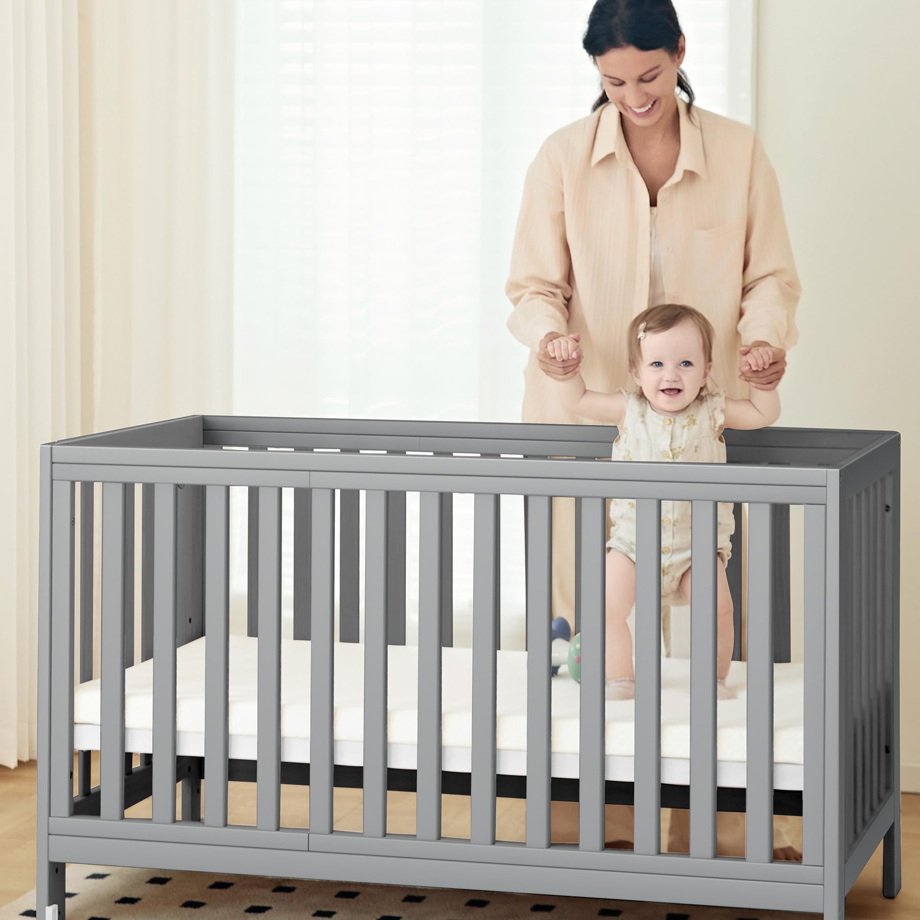 EvoNest Baby Crib, 11 in 1 Convertible Mini Crib with Wheels, 100% New Zealand Pinewood
