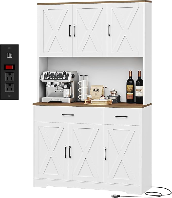 Cabinet with Charging Station, Tall Kitchen Pantry Storage Cabinet with Microwave
